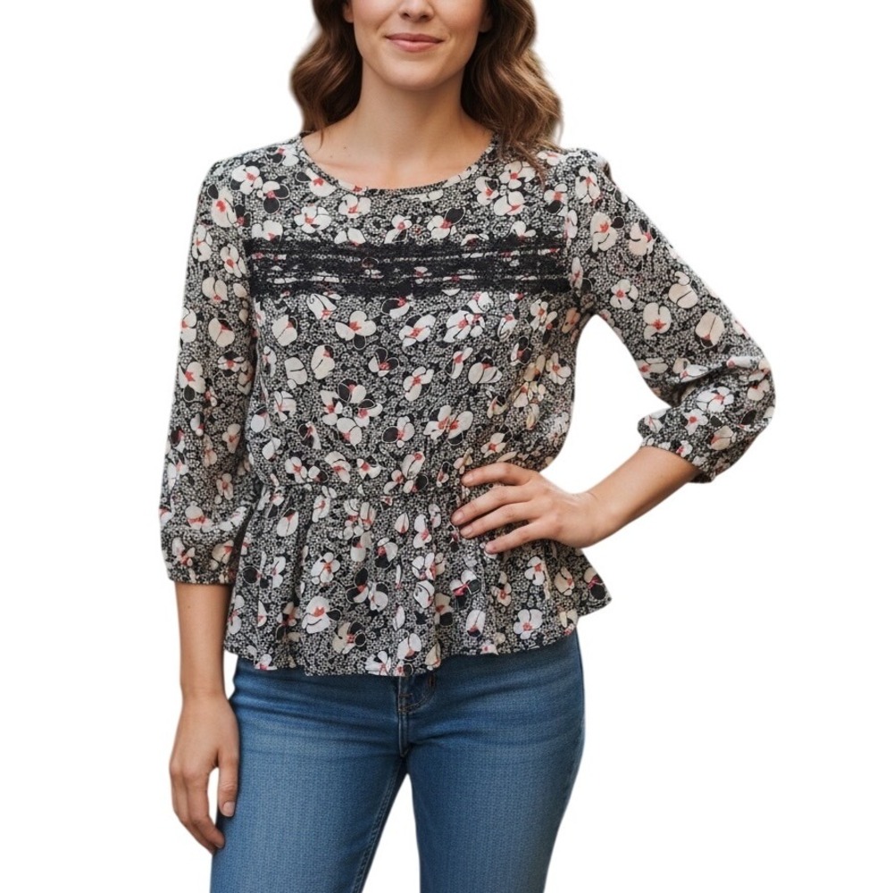 Lily Rose Floral Lace Peplum Blouse Womens XS‎ 3/4 Sleeve Top